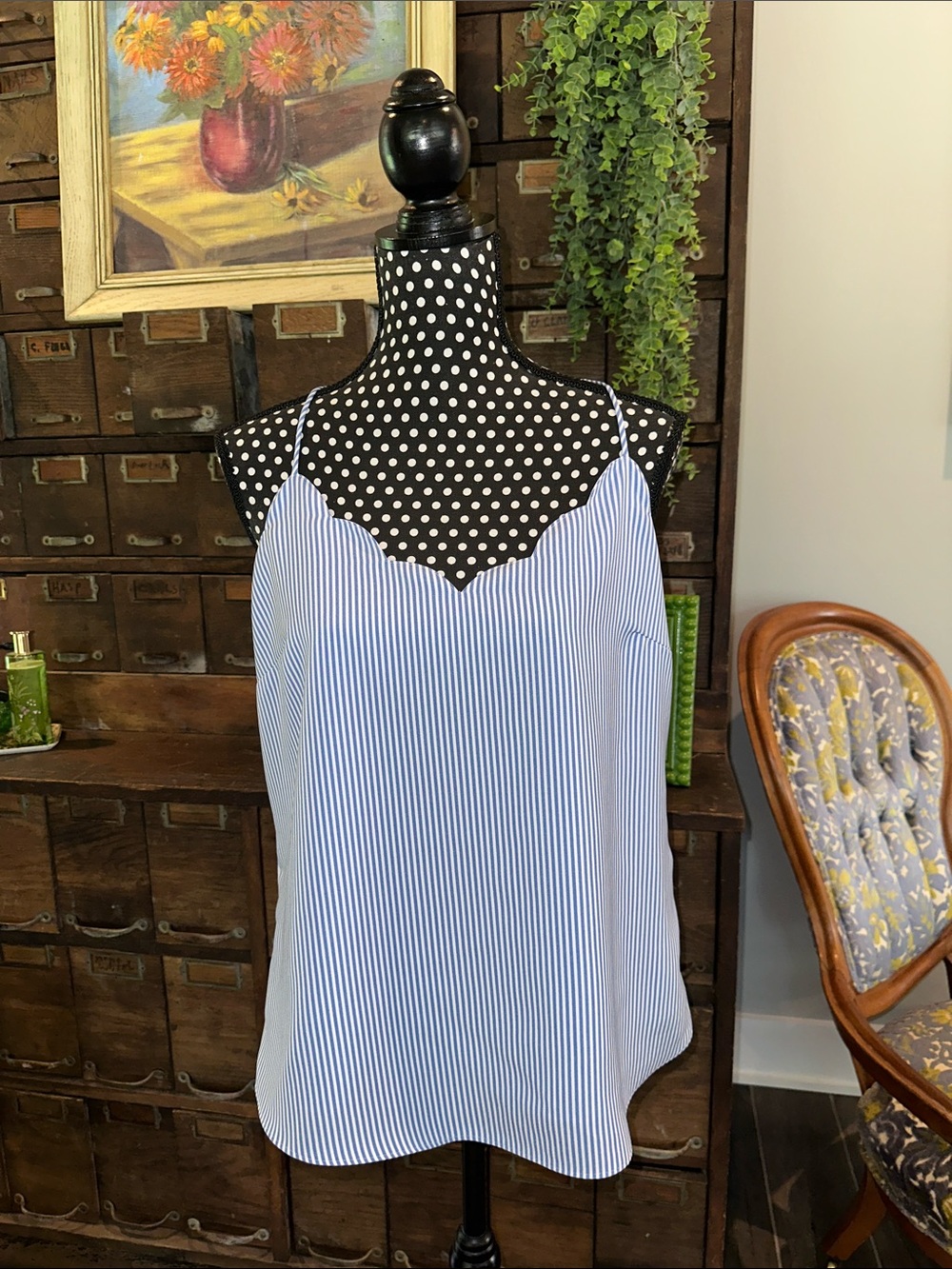 J. Crew Blue and White Striped Scallop-Trim Cami